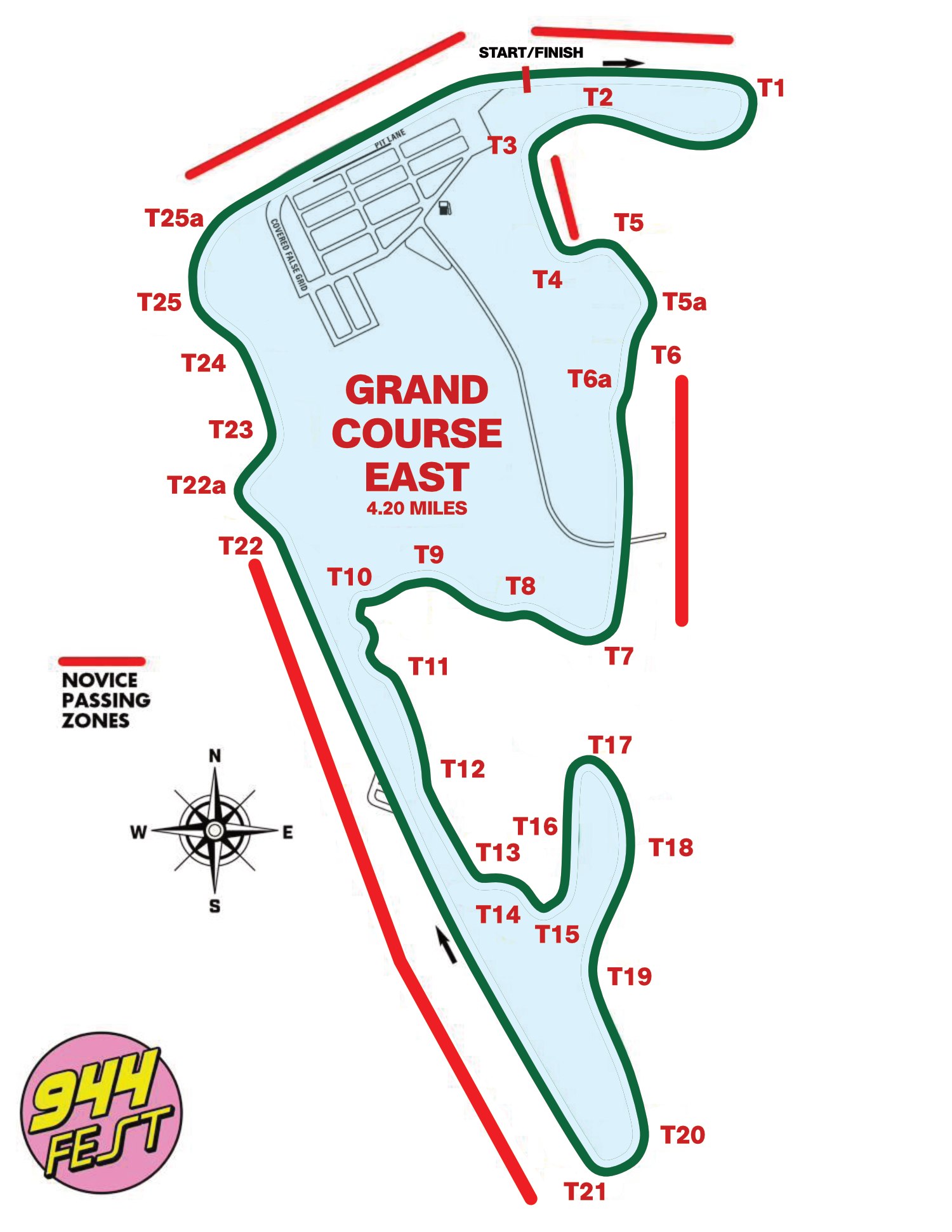 VIR Grand Course East track map with novice passing zones marked in red