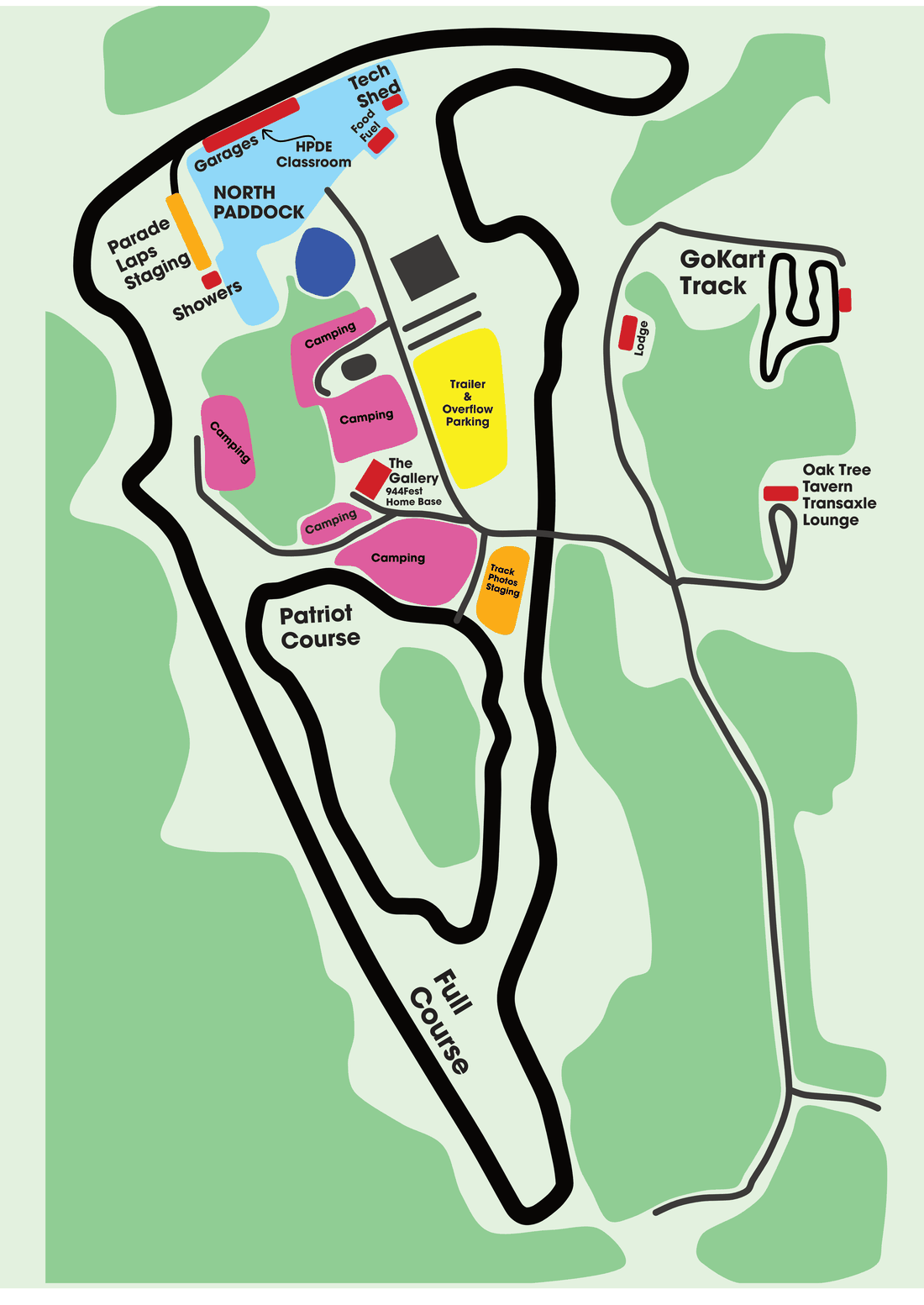 944Fest facility map of VIR showing The Gallery, camping areas, North Paddock, parade lap and photo staging, and the Transaxle Lounge